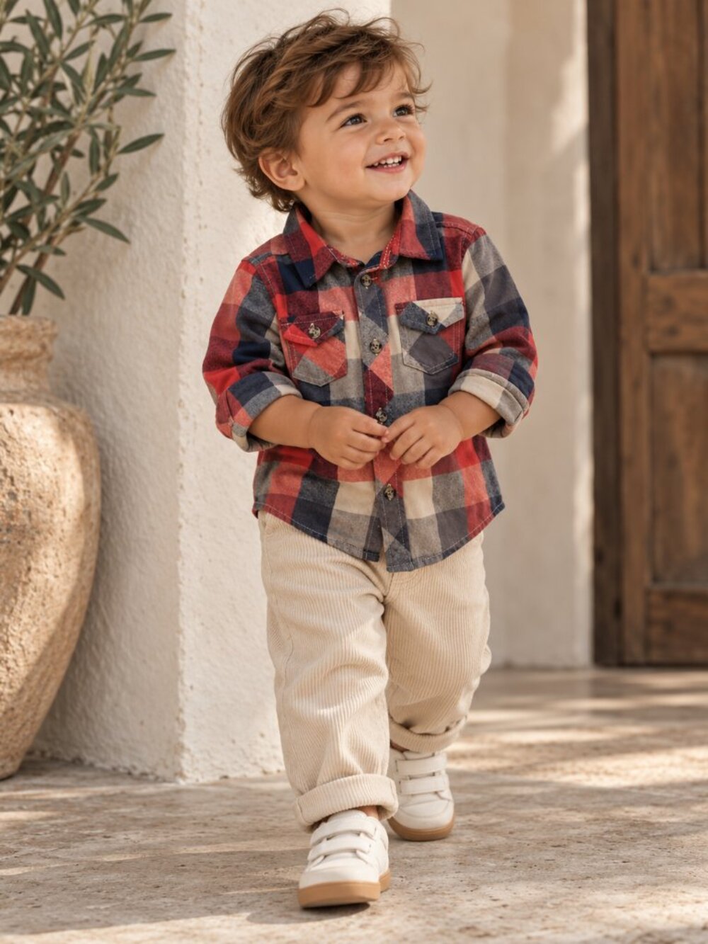 NWT Joe Fresh Baby Boy Red Navy Plaid Flannel Button Down Shirt 12-18M
